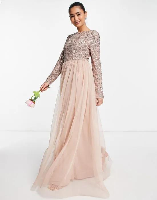 Bridesmaid long sleeve maxi tulle dress with tonal delicate sequin in muted blush