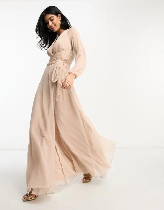 Bridesmaid long sleeve ruched maxi dress with wrap skirt in blush