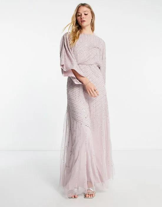 Bridesmaid maxi dress with exaggerated sleeves in dusty mauve
