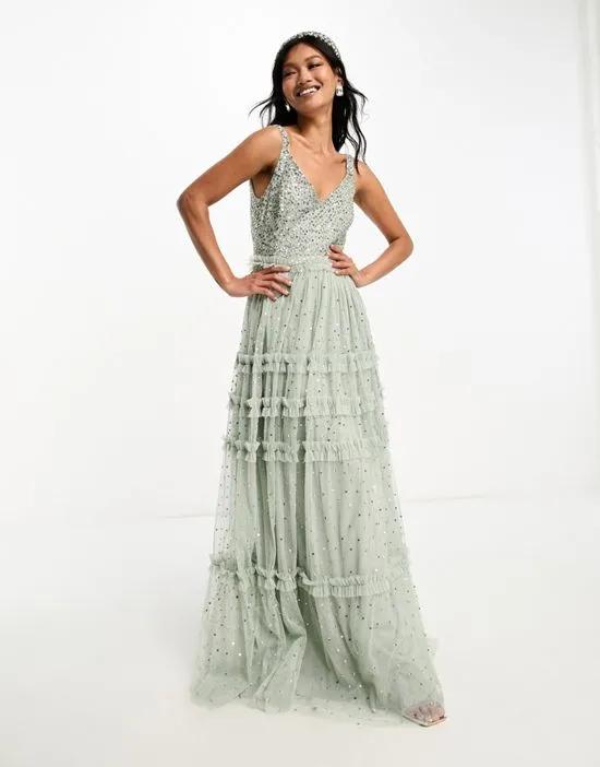 Bridesmaid maxi tulle dress with tonal delicate sequin and full skirt in sage green - part of a set