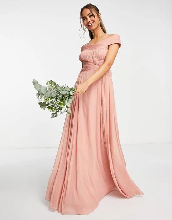 Bridesmaid off shoulder ruched bodice maxi dress with skirt pleat detail