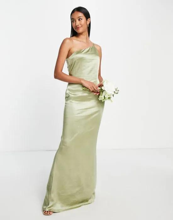 Bridesmaid one shoulder satin maxi dress in olive