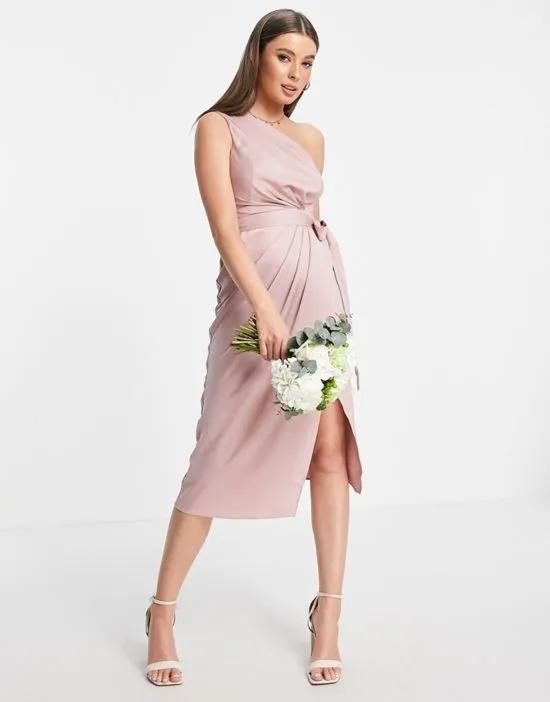 Bridesmaid one shoulder wrap dress in dusty rose