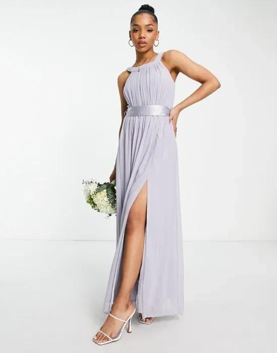Bridesmaid open shoulder maxi dress in gray blue
