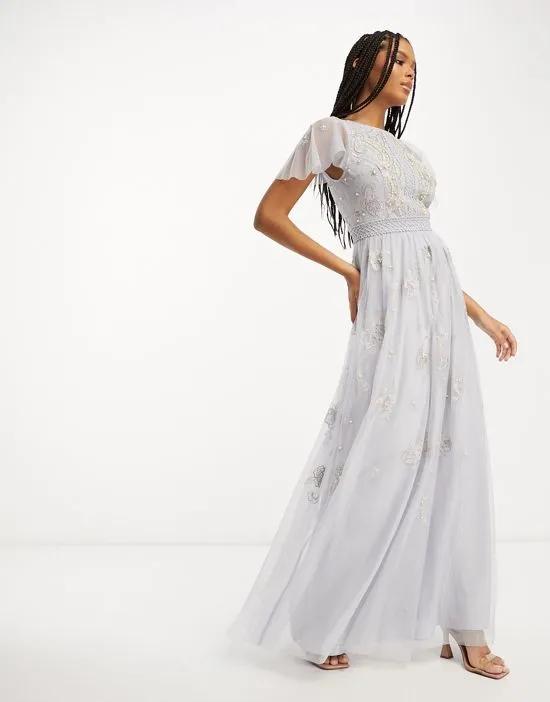 Bridesmaid pearl embellished flutter sleeve maxi dress with floral embroidery in light blue