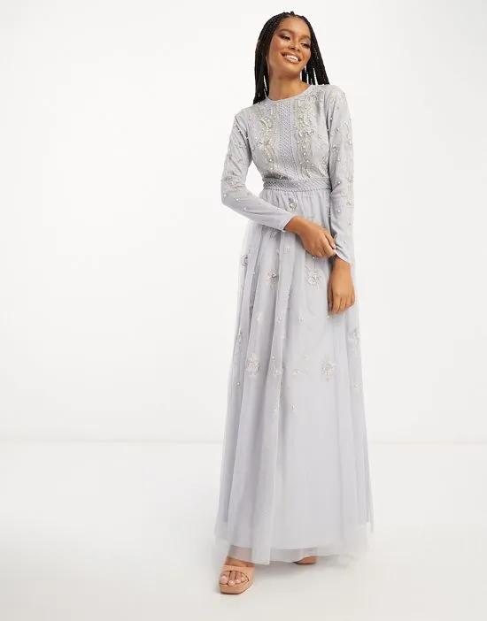 Bridesmaid pearl embellished long sleeve maxi dress with floral embroidery in light blue