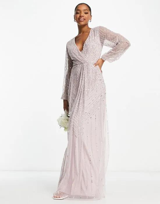 Bridesmaid plunge front maxi with embellishment in dusty mauve
