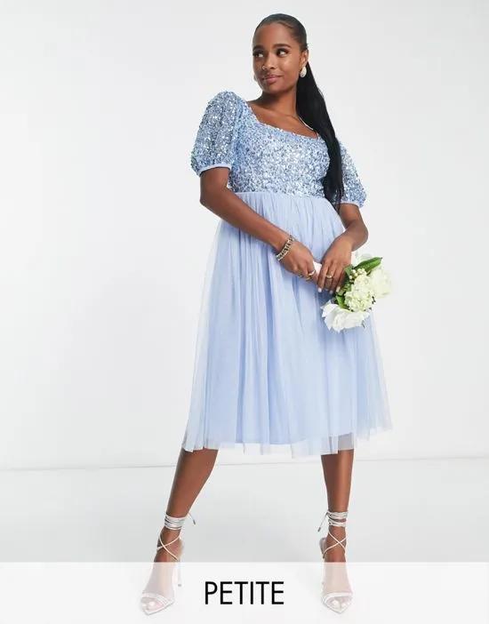 Bridesmaid puff sleeve square neck midi dress in baby blue