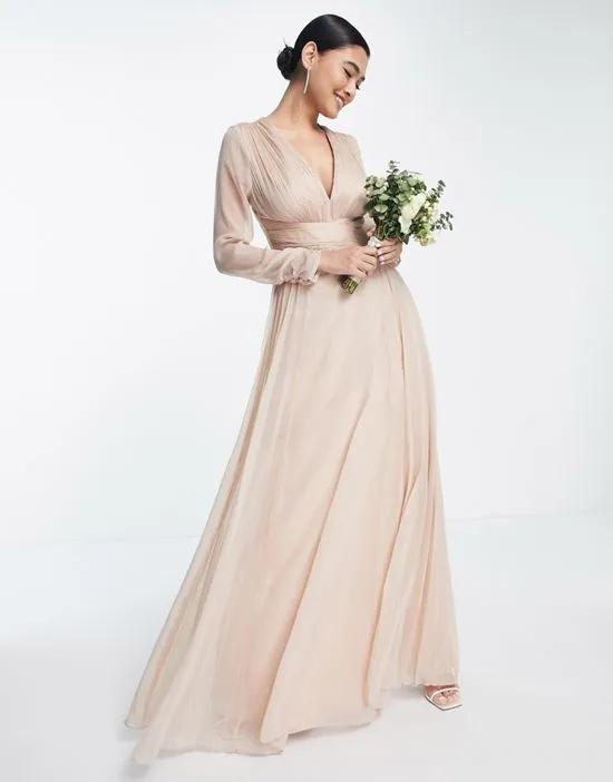 Bridesmaid ruched waist maxi dress with long sleeves and pleat skirt in light pink