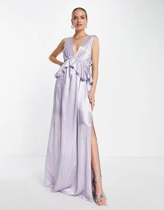 bridesmaid ruffle peplum maxi dress in lilac