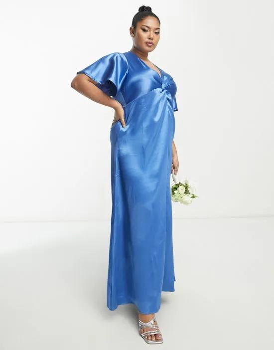 Bridesmaid satin flutter sleeve maxi dress in blue