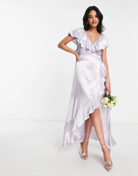 bridesmaid satin frill wrap dress in lilac