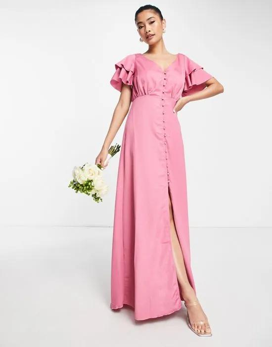 Bridesmaid satin maxi dress with flutter sleeves in dark pink