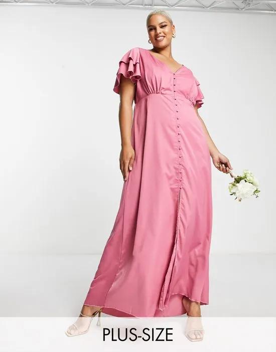 Bridesmaid satin maxi dress with flutter sleeves in dark pink