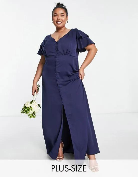 Bridesmaid satin maxi dress with flutter sleeves in navy