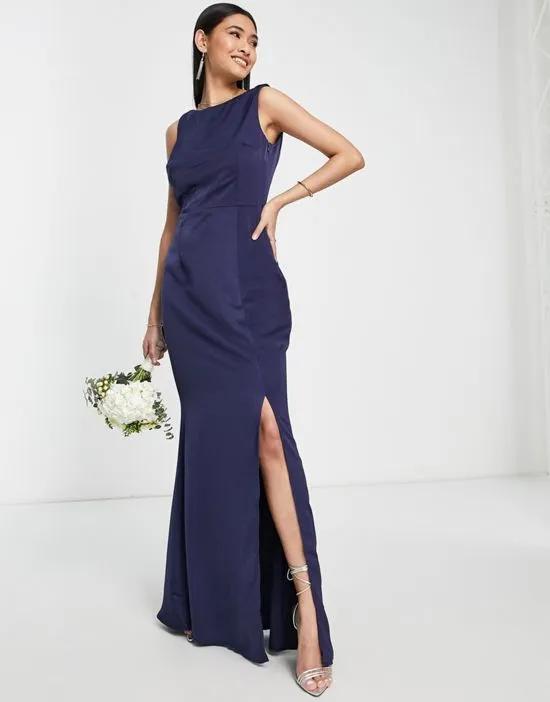 Bridesmaid satin maxi dress with open back in navy