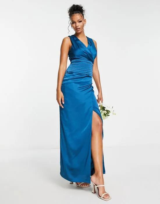Bridesmaid satin wrap front maxi dress in teal blue