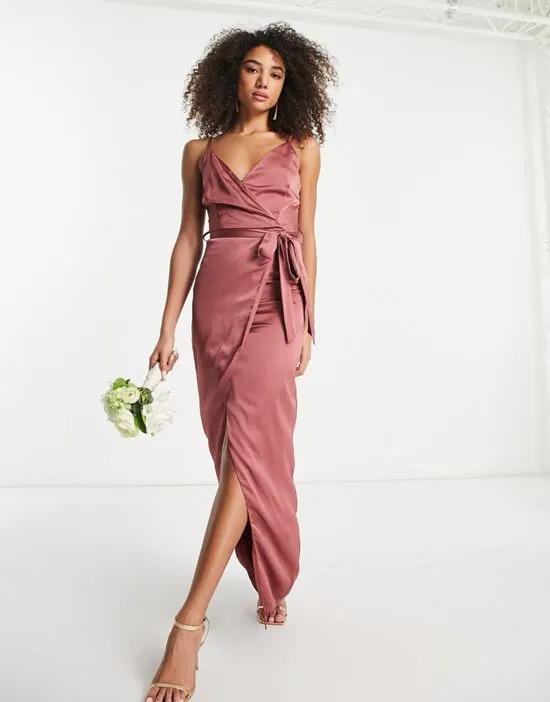 Bridesmaid satin wrap maxi dress with belt in forever rose