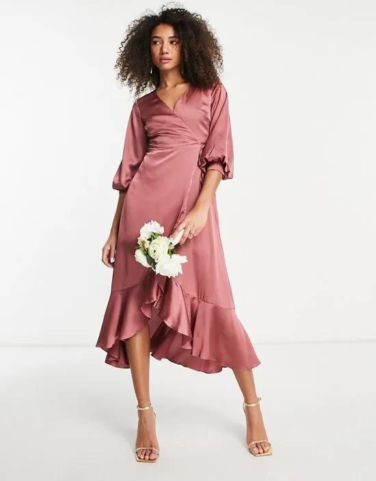 Bridesmaid satin wrap midi dress with puff sleeve in soft rose pink