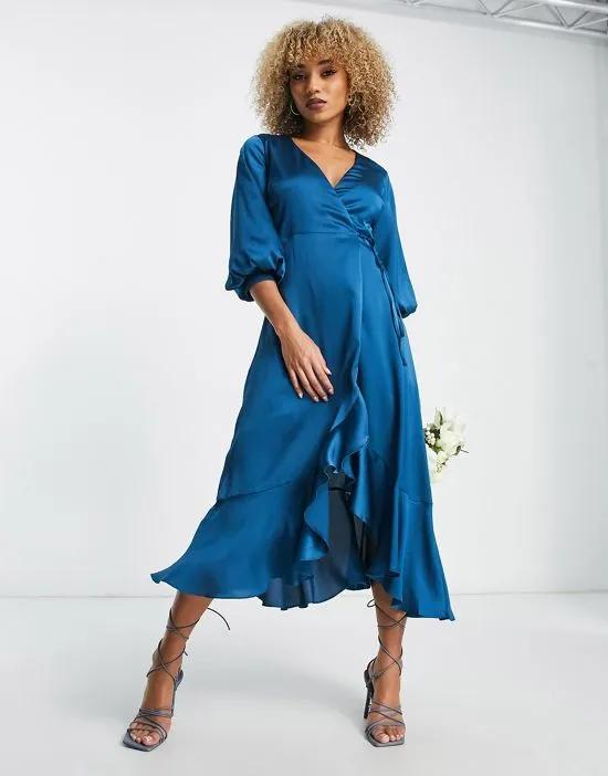 Bridesmaid satin wrap midi dress with puff sleeve in teal blue