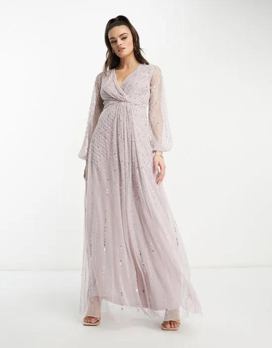 Bridesmaid sequin plunge front maxi dress in dusty mauve