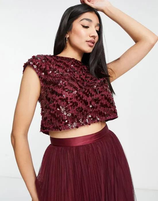 Bridesmaid sequin top with ribbon bow back in wine - part of a set