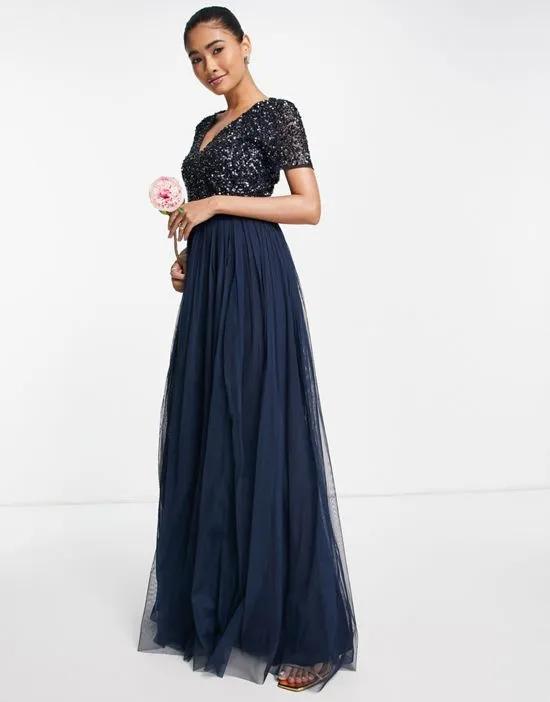 Bridesmaid short sleeve maxi tulle dress with tonal delicate sequins in navy