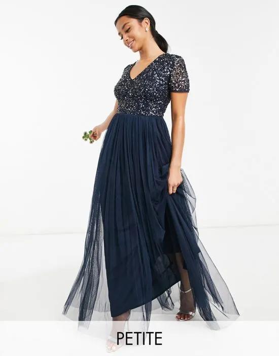 Bridesmaid short sleeve maxi tulle dress with tonal delicate sequins in navy