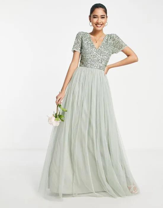 Bridesmaid short sleeve maxi tulle dress with tonal delicate sequins in sage green