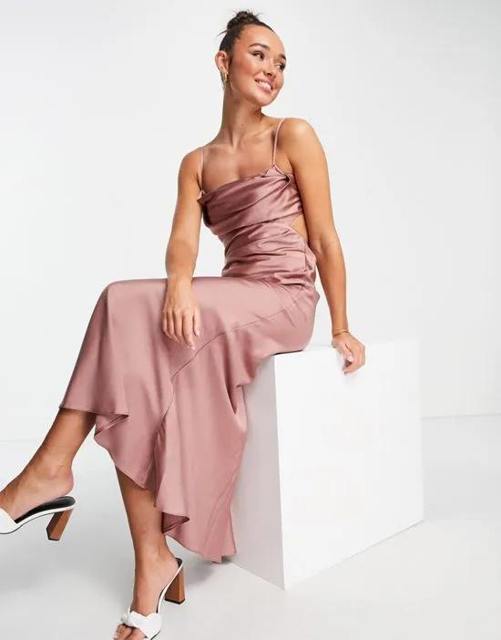 Bridesmaid strappy satin cami maxi dress with cowl front in toffee