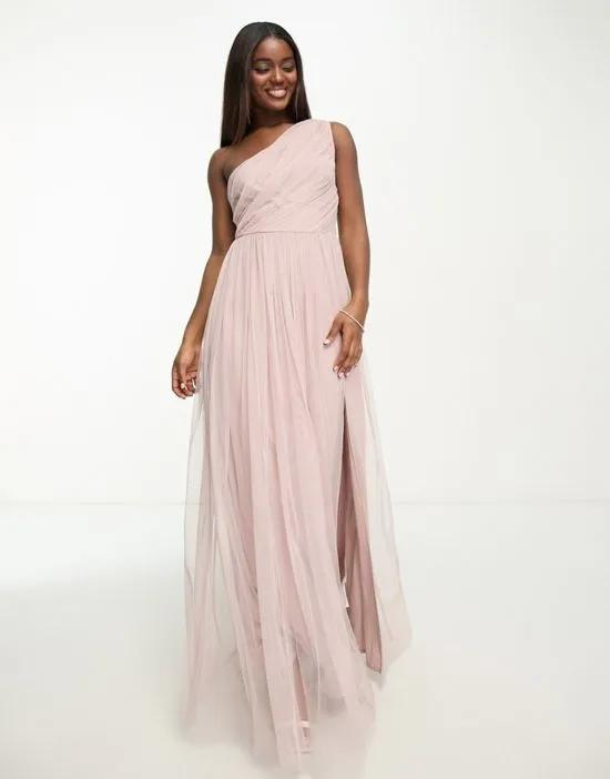 Bridesmaid tulle one shoulder maxi dress in pink