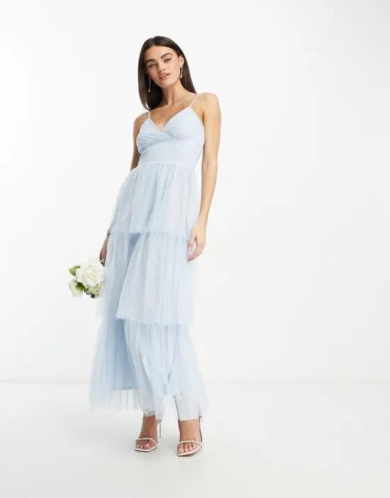 Bridesmaid tulle textured maxi dress with tiered skirt in blue