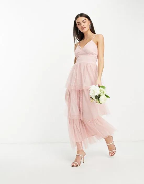 Bridesmaid tulle textured maxi dress with tiered skirt in pink