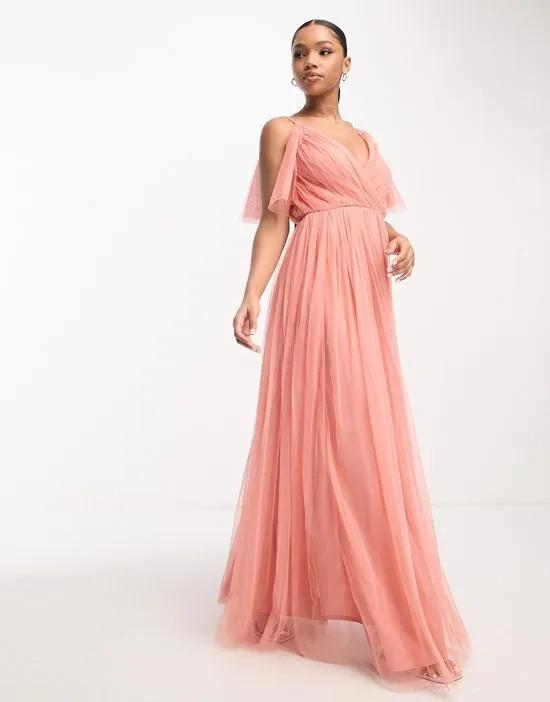 Bridesmaid v front back maxi dress in coral pink