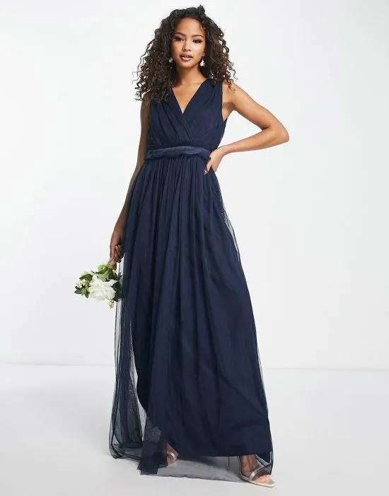 Bridesmaid v neck ruffle waist maxi dress in navy blue