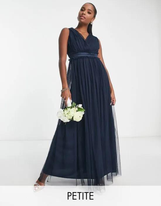 Bridesmaid v neck ruffle waist maxi dress in navy blue