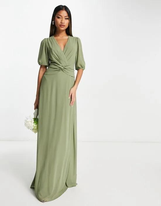 Bridesmaid wrap front maxi dress in dusky sage green