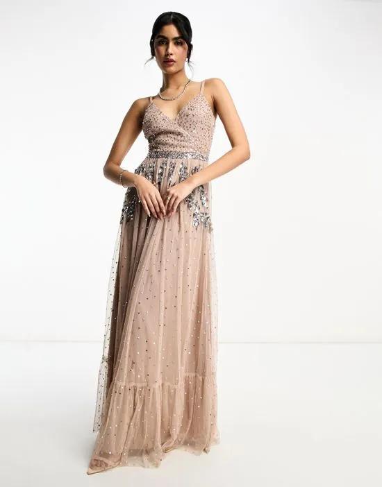 Bridesmaid wrap front tulle maxi dress with tonal delicate sequin in taupe blush - part of a set