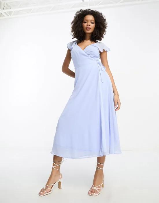 Bridesmaid wrap full skirt maxi dress with flutter sleeves in blue