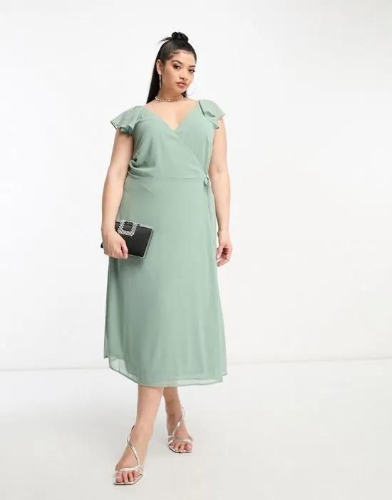 Bridesmaid wrap full skirt maxi dress with flutter sleeves in green