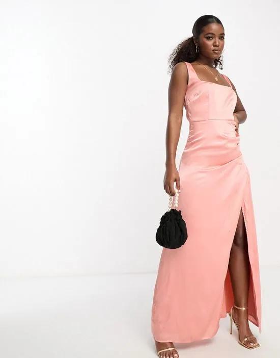 Bridesmaid wrap skirt satin maxi dress in coral pink