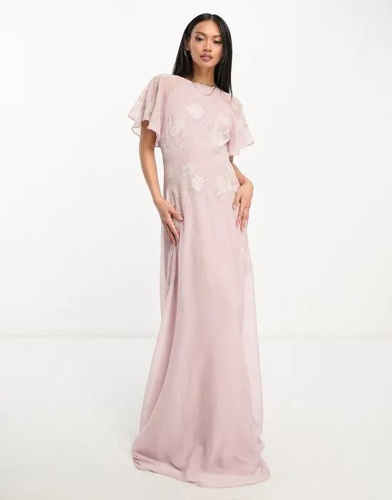 Bridesmaids angel sleeve maxi dress with floral applique in rose