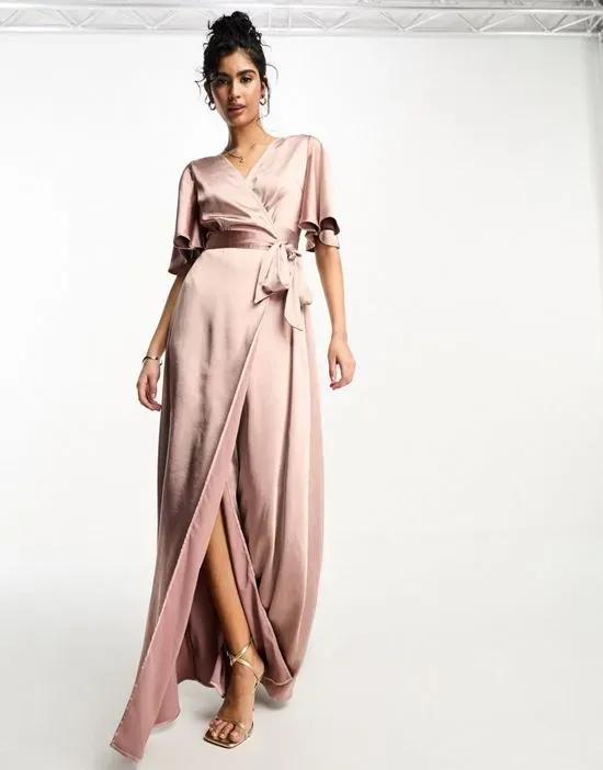 Bridesmaids angel sleeve wrap satin maxi dress in rose