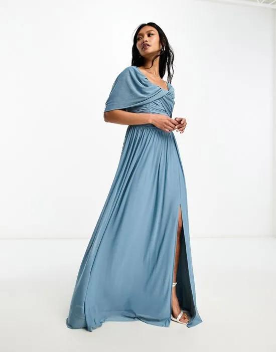 Bridesmaids bardot gathered maxi dress in mesh in blue
