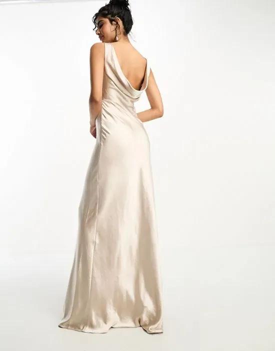 Bridesmaids cowl back satin maxi dress in oyster