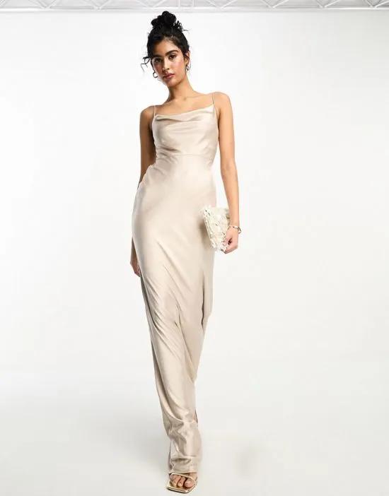 Bridesmaids cowl front satin slip dress in oyster