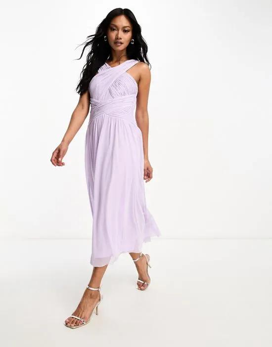 Bridesmaids cross front gathered midi dress in mesh in lilac