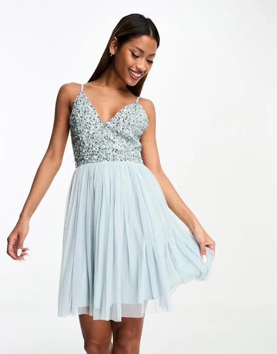 Bridesmaids embellished 2 in 1 mini dress in ice blue