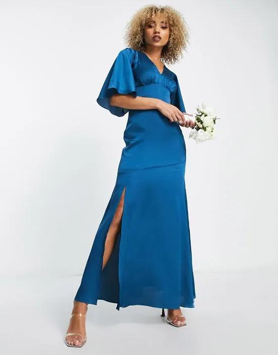 Bridesmaids satin maxi dress with flutter sleeve and split in teal blue