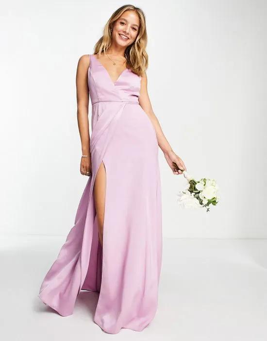 Bridesmaids satin wrap maxi dress with tie detail in lilac